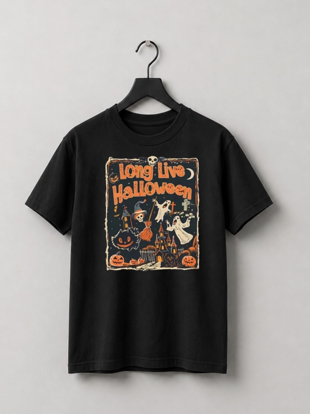 Black Short Sleeve Tee with Orange and Cream Halloween Graphic